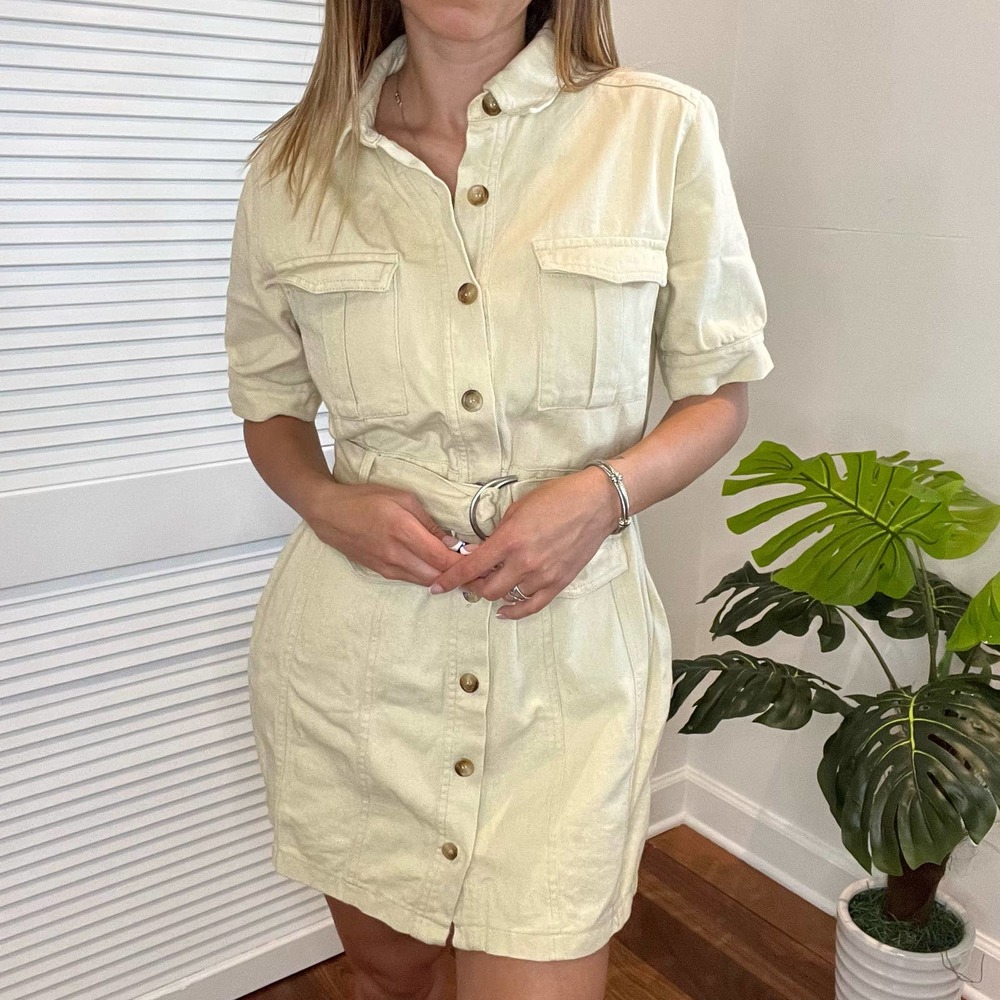 FORE utility style button down dress denim fabric beige color